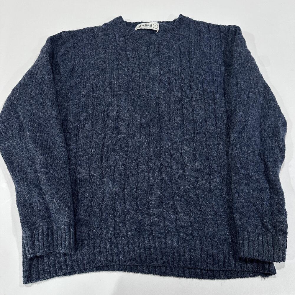 LINE OF TRADE Sweater Womens M Blue Shetland Wool Cable Knit Crewneck Fisherman